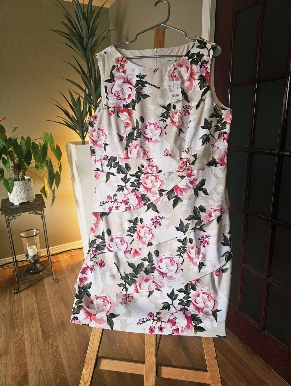 Laura Pink Rose-Print Midi Dress on cream